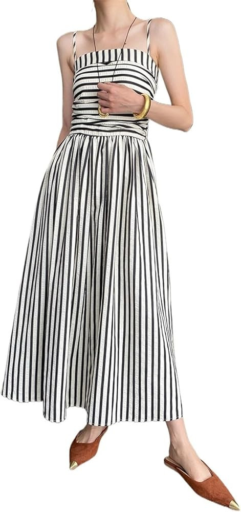 Women's Elegant Halter Dress Pleated Textured Striped Waist Slim Strapless Adjustable Straps Long Dresses | Amazon (US)