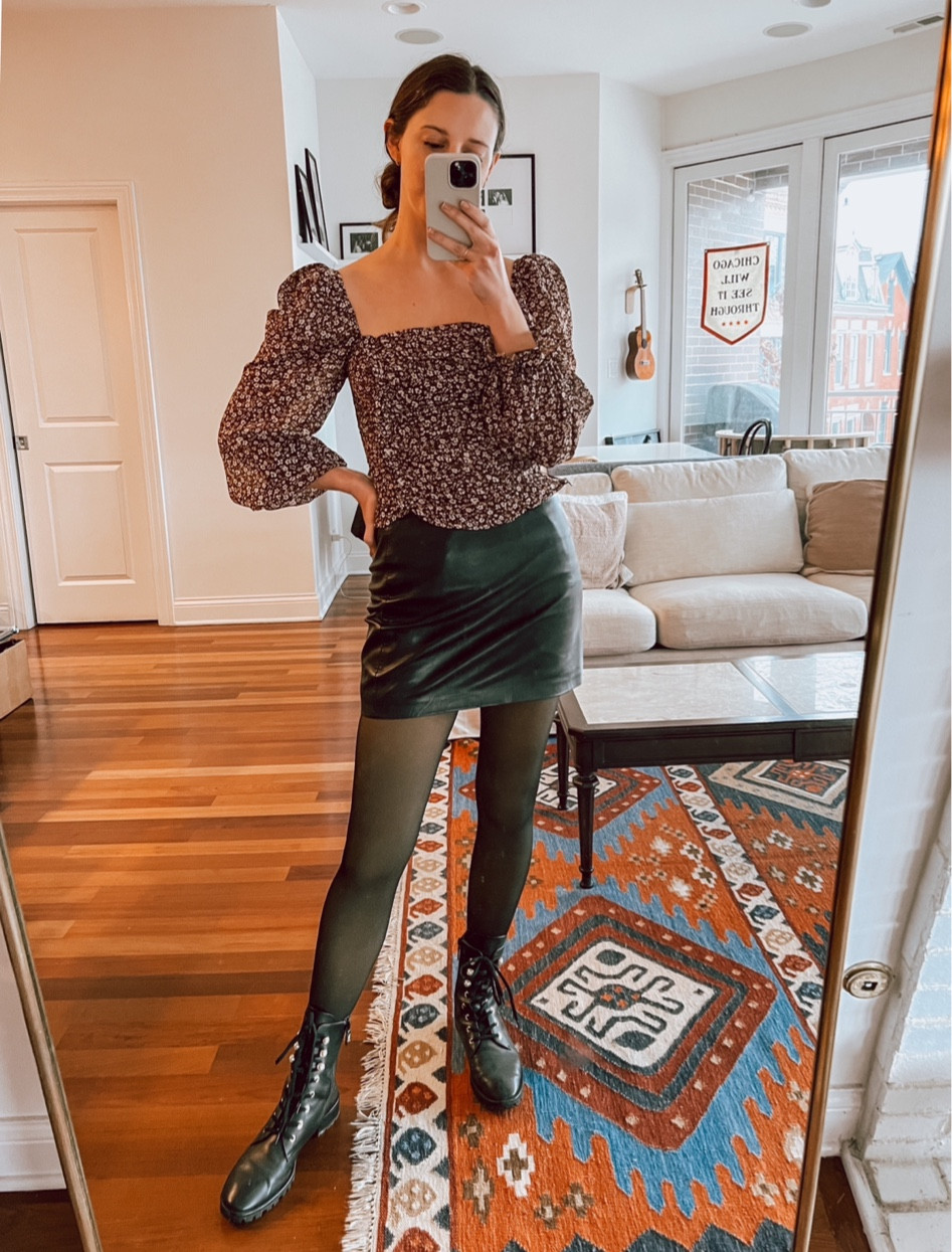 Skirt: US6/36 (go with your larger size if in between) 
Shirt and tights TTS (small) 
Boots TTS