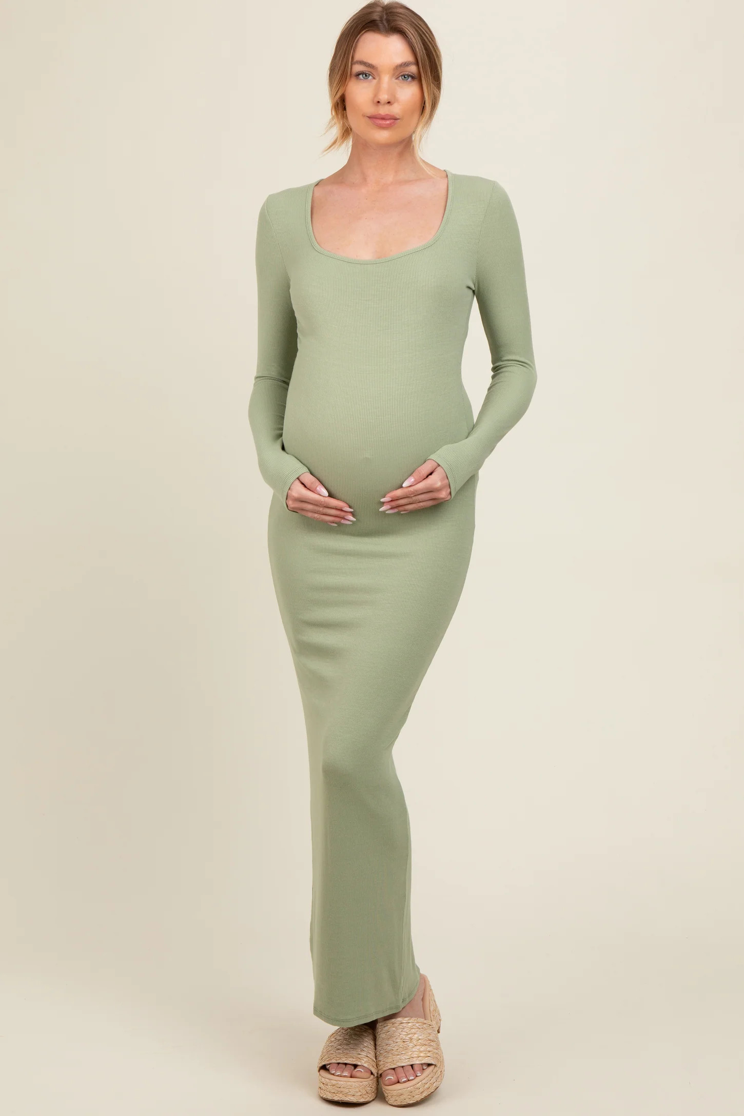 Light Olive Ribbed Long Sleeve Square Neck Maternity Maxi Dress | PinkBlush Maternity