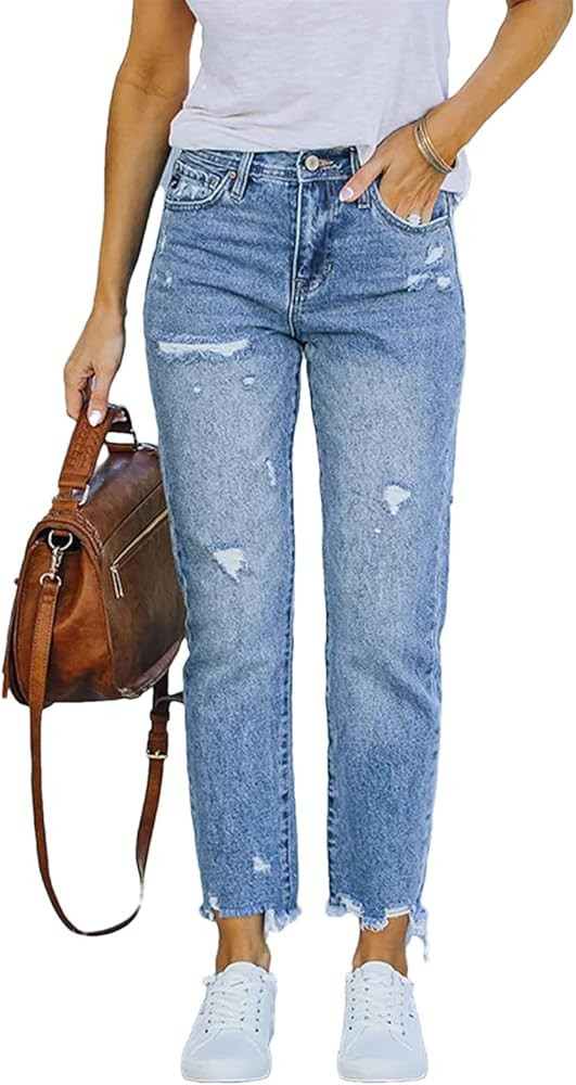Women's Stretch Hight Waist Ripped Jeans Trend Blue Fashion Streetwear Denim Pencil Pants | Amazon (US)