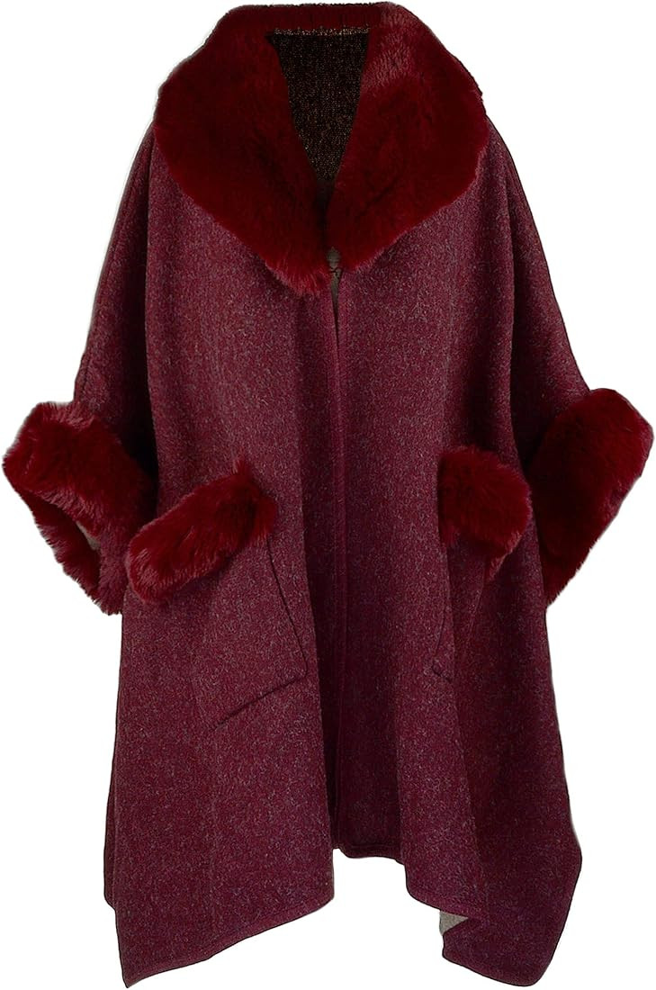 Women Poncho with Pocket Warm Cashmere Cardigan Cape with Rabbit Fur | Amazon (US)