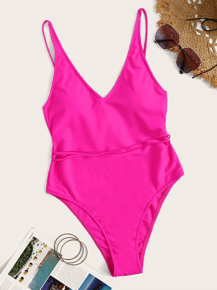 Neon Pink Criss Cross One Piece Swimsuit | SHEIN