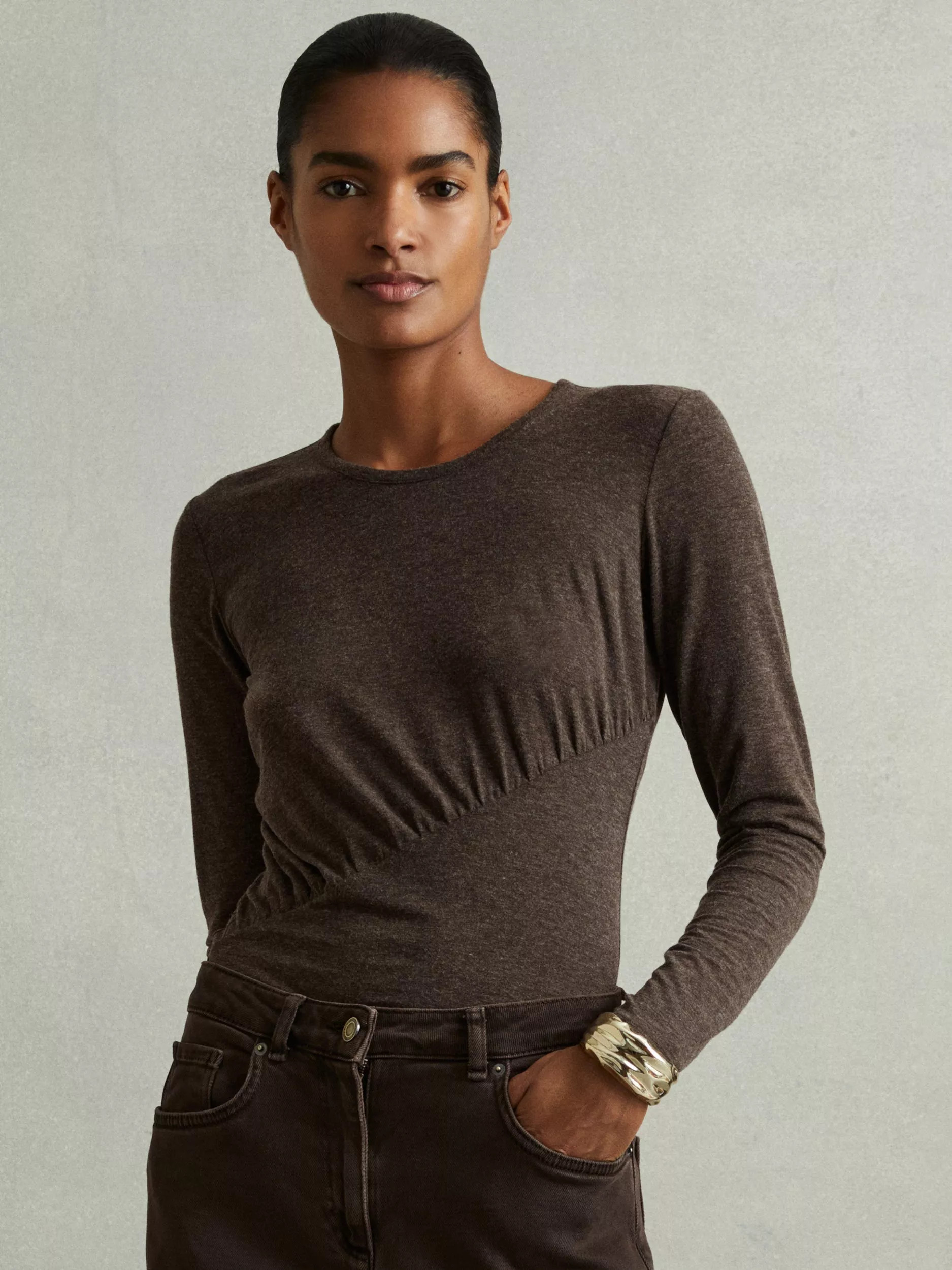 Reiss Ana Ruched Wool Blend Top, Chocolate | John Lewis (UK)