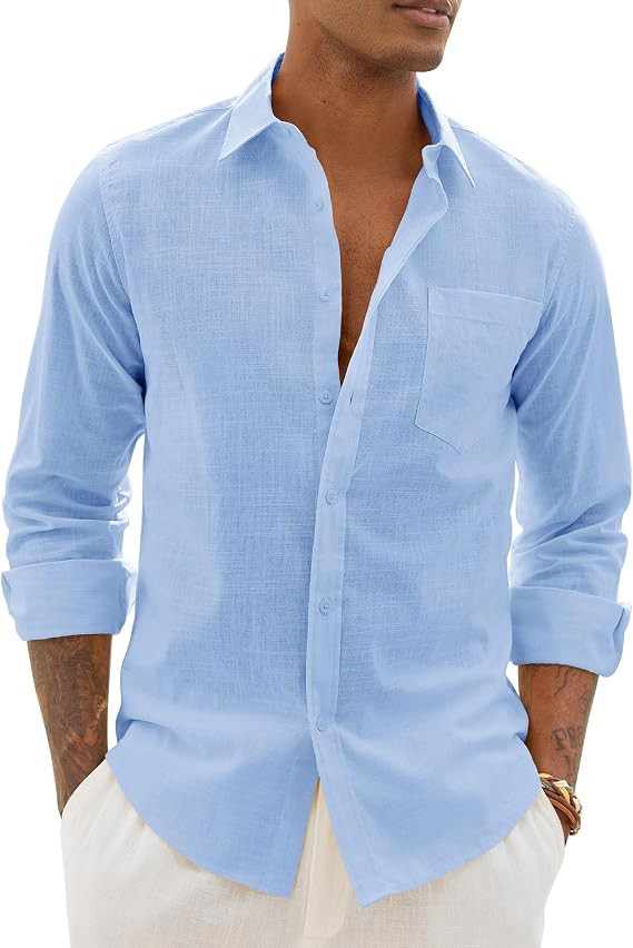 Alimens & Gentle Mens Linen Textured Shirt Long Sleeve Summer Beach Tops | Cotton Linen,Regular F... | Amazon (US)