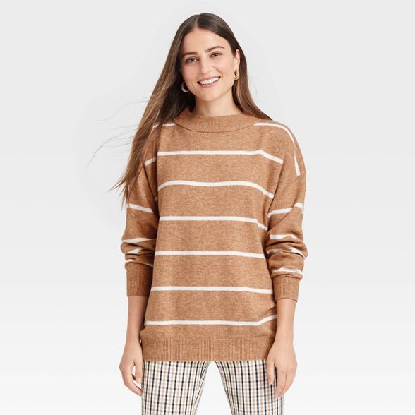 Women&#39;s Slouchy Mock Turtleneck Pullover Sweater - A New Day&#8482; Camel Striped XL | Target