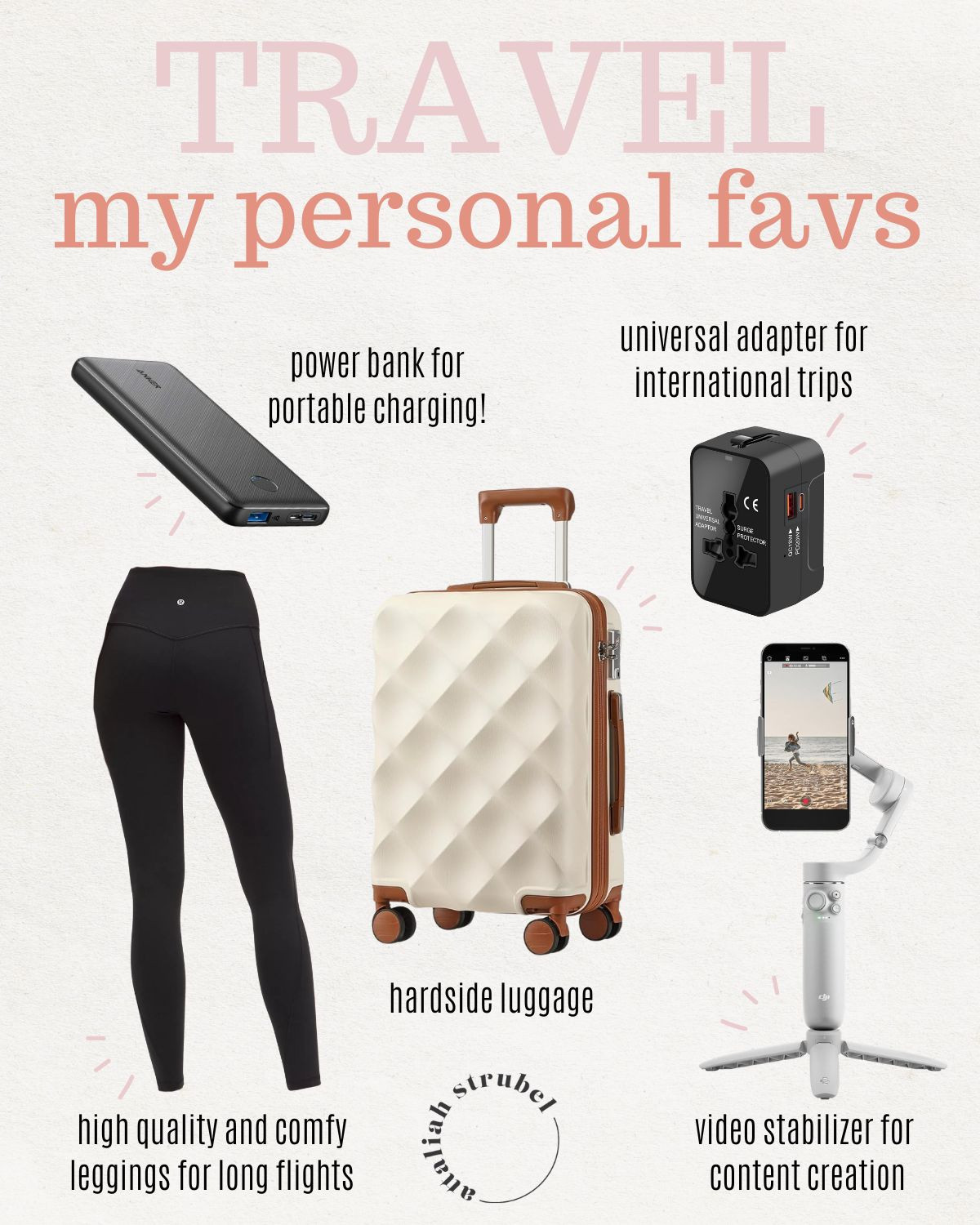 Travel essentials. Align leggings are so comfy and high quality. You don't have to worry about them being see through! Video stabilizer for easy content creation on the go. Hardside luggage is a must. Power bank for portable charging. Universal adapter if you are traveling international! 

 #LTKGiftGuide #LTKStyleTip #LTKTravel