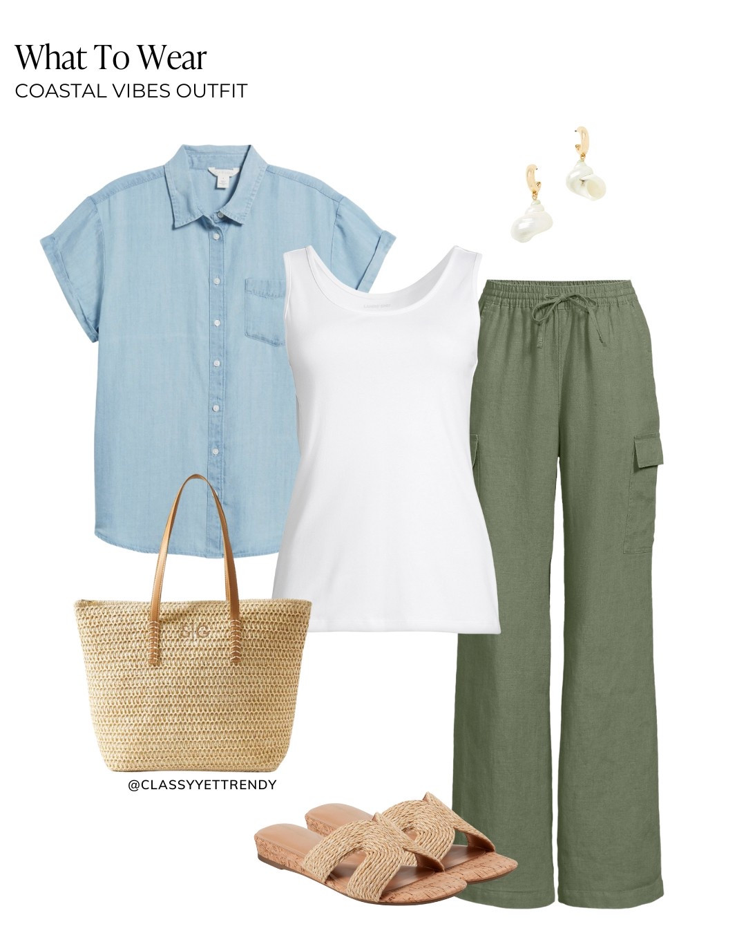 Coastal-style spring outfits: relaxed, casual And airy, inspired by the beachside lifestyle ☀️ Mix & match outfits with beach-themed accent colors for women who are moms, retired, work from home ✔️ All from the Coastal Vibes Capsule Wardrobe: Summer 2025 Collection, now available in the Capsule Wardrobe Store!

stripe tee, linen top, open stitch sweater, gauze button shirt, chambray shirt, tank, wide leg denim jeans, linen pants, midi skirt, denim shirt jacket, cardigan, zip hoodie, sandals, sneakers, flats, huarache, straw tote, straw hat