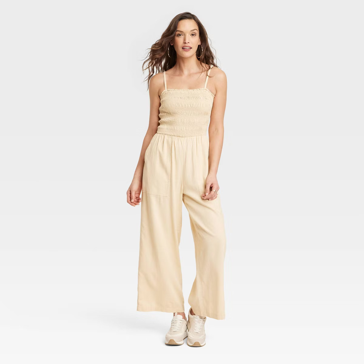 Women's Smocked Linen Maxi Jumpsuit - Universal Thread™ Tan M | Target