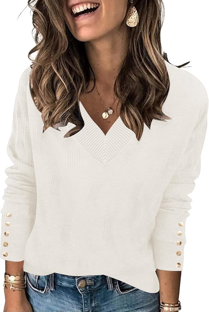 AKEWEI Womens V Neck Sweaters Long Sleeve Lightweight Knit Pullover Tops with Decorative Buttons | Amazon (US)