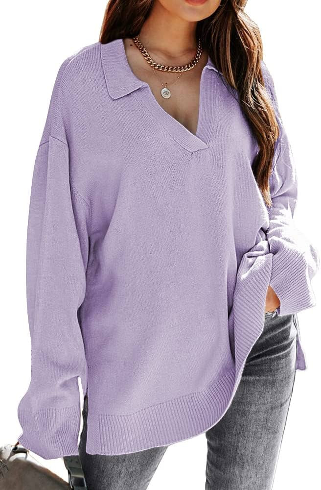 LILLUSORY Womens V Neck Collared Oversized Fall Sweater 2022 Sexy Long Sleeve Knit Pullover Tunic... | Amazon (US)