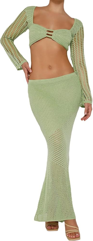 Tsnbre Knit Sets Two Piece Skirt Outfits for Women Hollow Out Long Sleeve Crop Top Bodycon Maxi D... | Amazon (US)