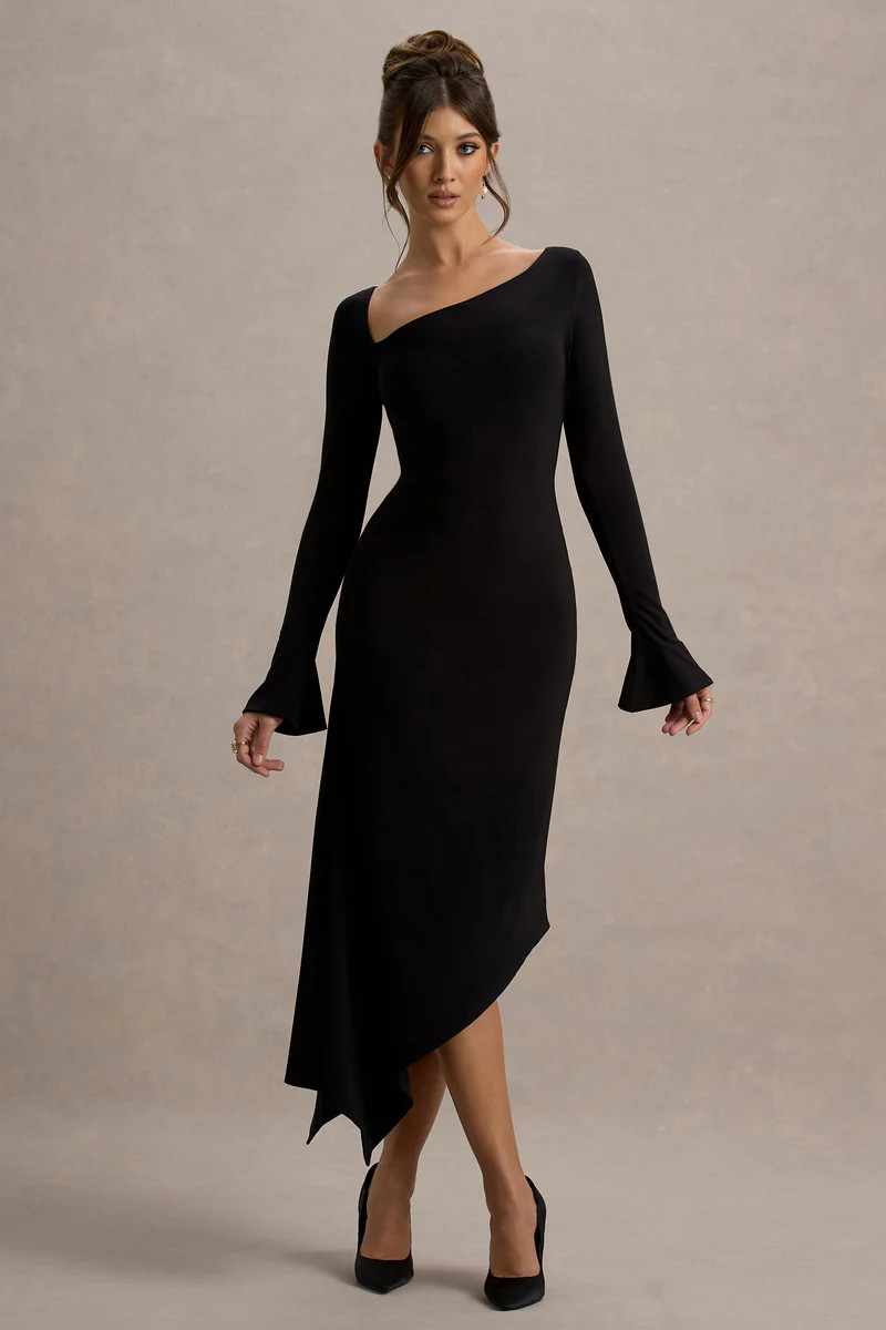 Serenita  Black Asymmetric Long-Sleeve Midi Dress | Club L London