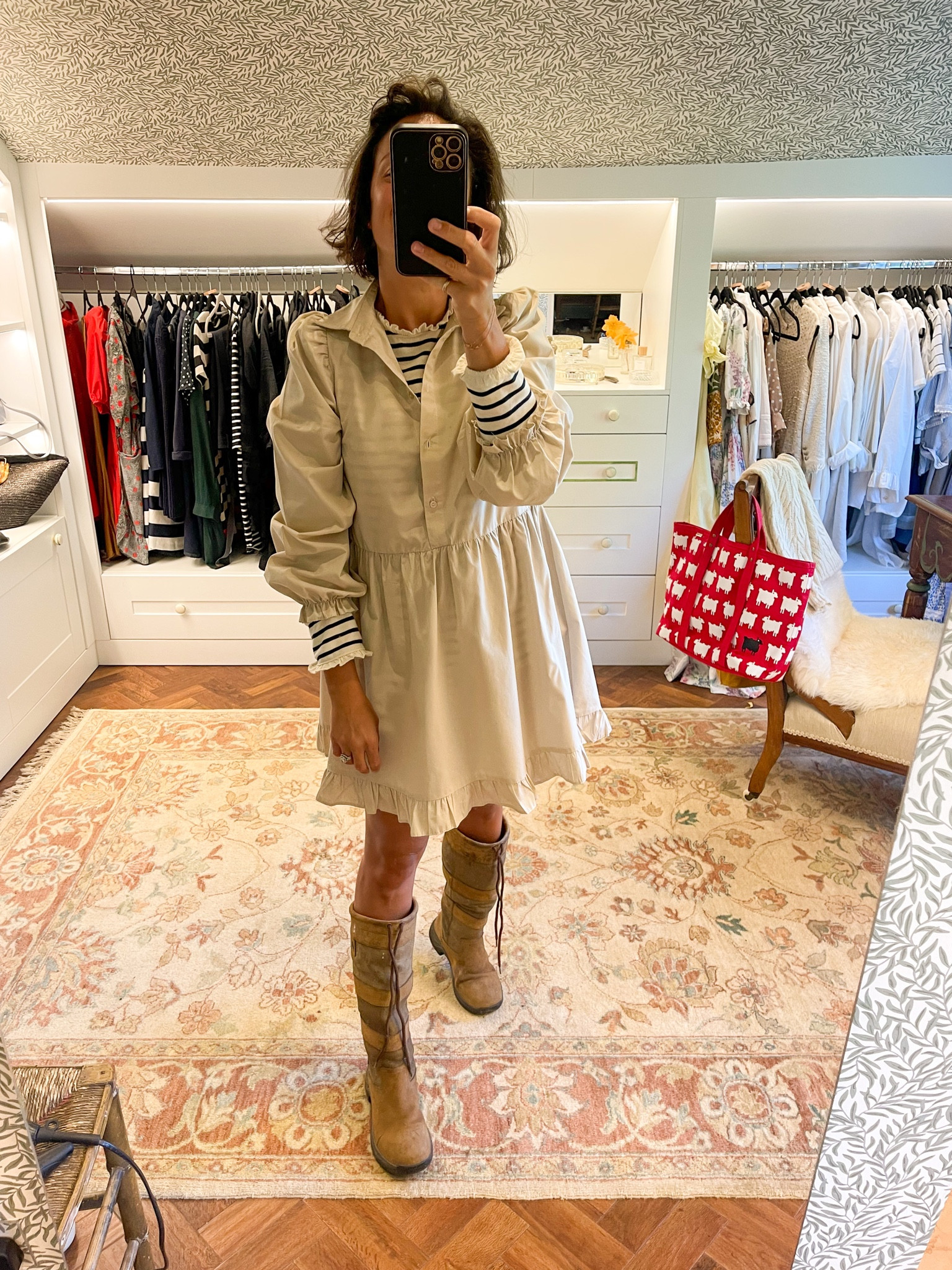 Autumnal layering for a country walk. Taupe ruffle dress and striped ruffled top. 