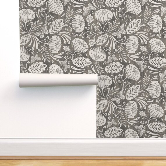 Damask Wallpaper  Arabella by Heatherdutton  Taupe Gray | Etsy | Etsy (US)