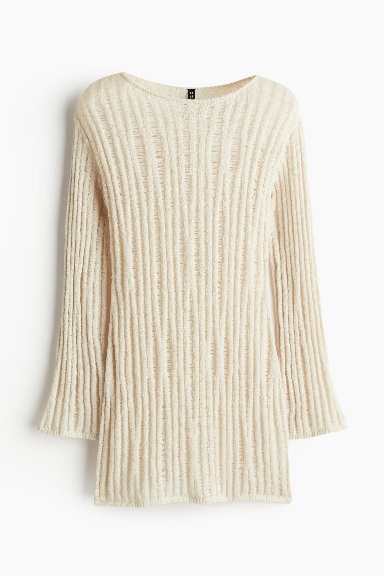 Ladder-stitch-look Knit Mini Dress - Round Neck - Long sleeve - Light beige - Ladies | H&M US | H&M (US + CA)