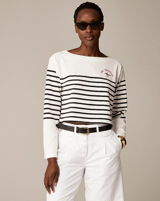 Limited-edition USA Swimming® X J.Crew cropped boatneck T-shirt in striped mariner cotton | J. Crew US