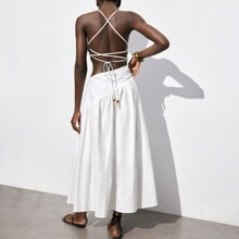Cotton Summer Wedding Womens Dress Solid Color Backless Halter Hollow Out Decor Sleeveless Dress | SHEIN