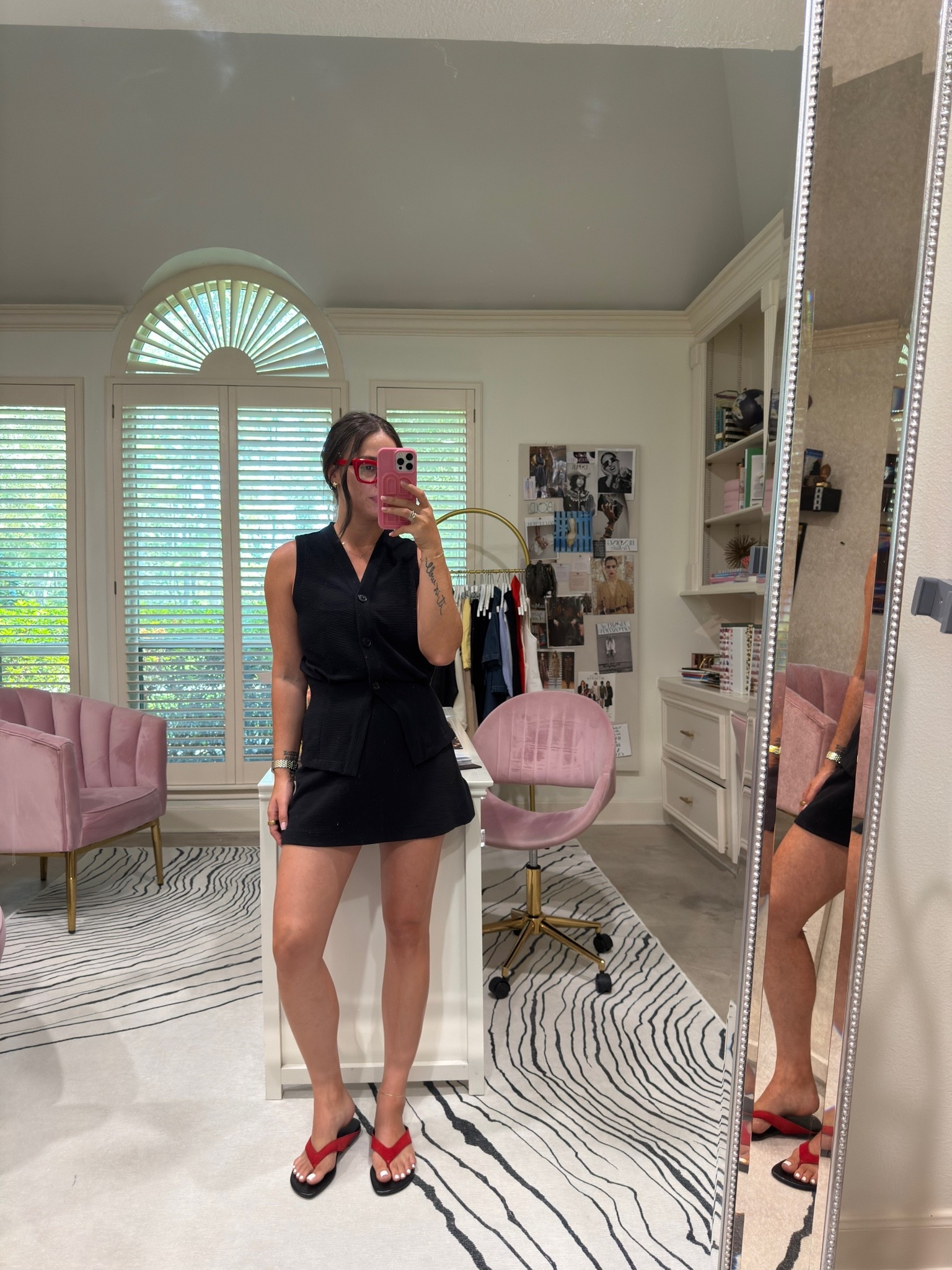 This whole outfit is one Spanx set and I'm still surprised by that. 🖤 The AirEssentials French Rib Button-Down Vest and Skort in Very Black — looks like a put-together dress, actually two separate pieces you can wear a hundred different ways. This is the kind of set that does the thinking for you on a day you don't want to think. 

 #LTKgrwm #LTKootd #LTKmomlife