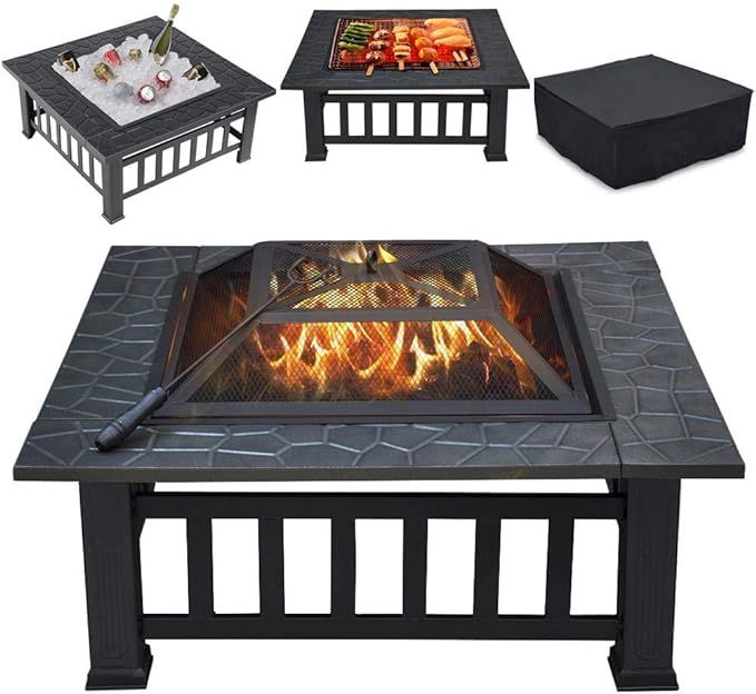 Yaheetech Multifunctional Fire Pit Table 32in Square Metal Firepit Stove Backyard Patio Garden Fi... | Amazon (US)