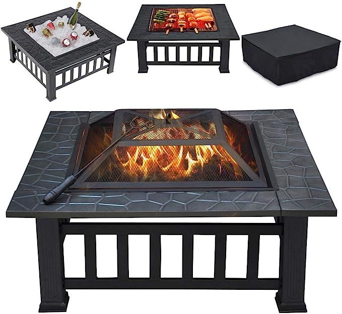 Yaheetech Multifunctional Fire Pit Table 32in Square Metal Firepit Stove Backyard Patio Garden Fi... | Amazon (US)