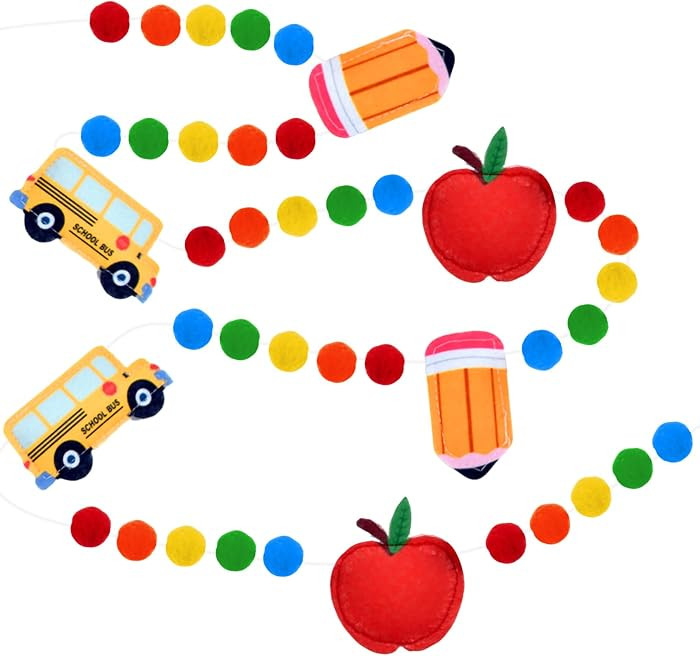 Back to School Felt Ball Garland \u2013 Colorful Pom Pom Classroom Banner with School Bus, Apple ... | Amazon (US)