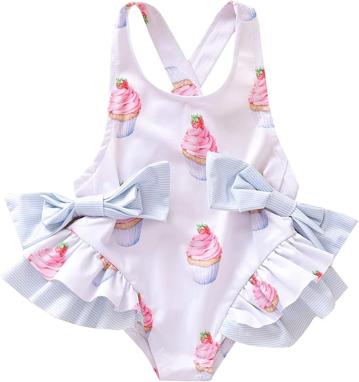 Toddler Baby Girl Swimsuit One Piece Ruffle Ice Cream Print Bow Backless Swimwear Bathing Suit Beach | Amazon (US)