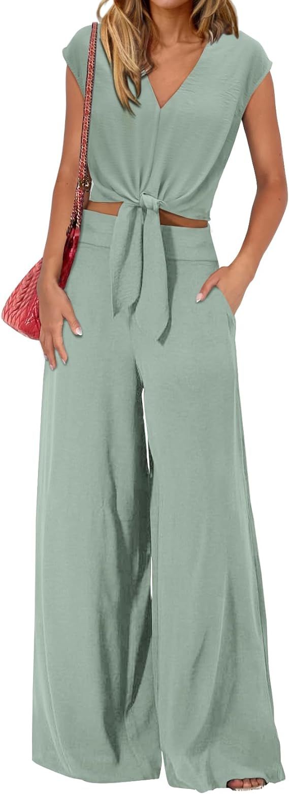 dowerme Women's Summer 2 Piece Outfits Cap Sleeve Strappy Crop Top Wide Leg Pant Sets Casual Trac... | Amazon (US)
