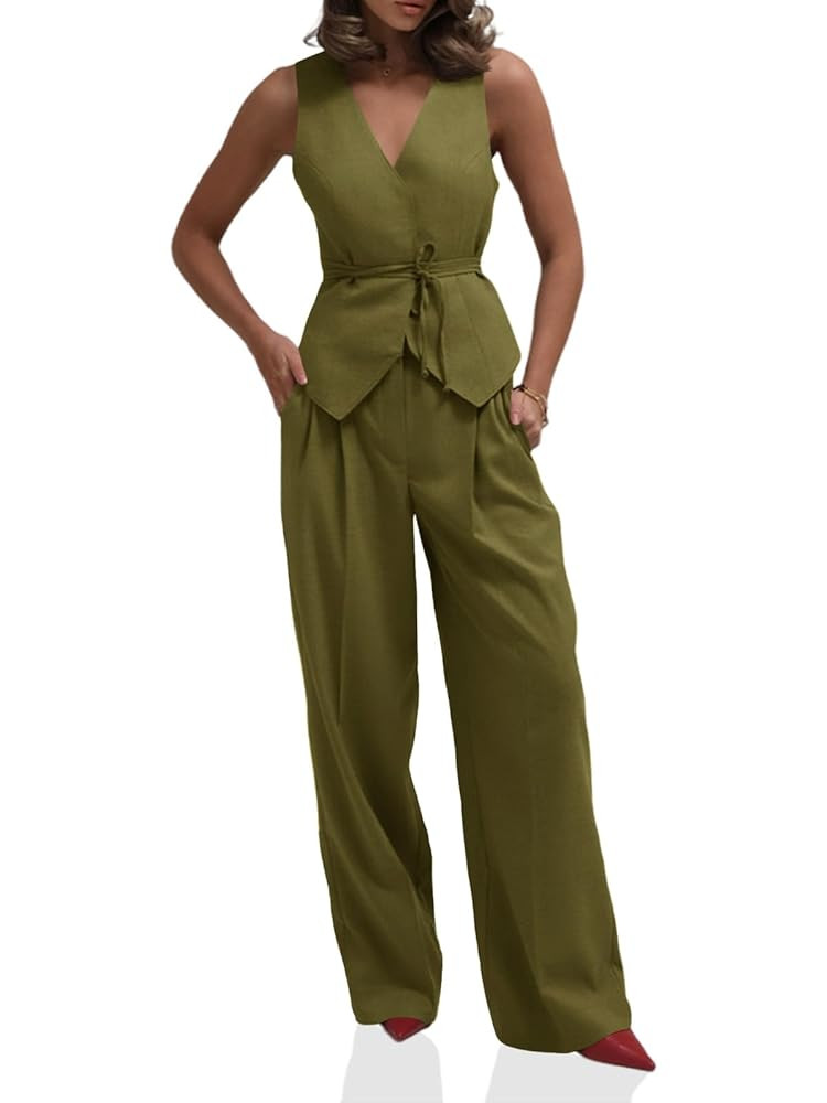Cicy Bell Womens 2 Piece Outfits V Neck Tie Waist Blazer Vest and Wide Leg Business Casual Suit P... | Amazon (US)