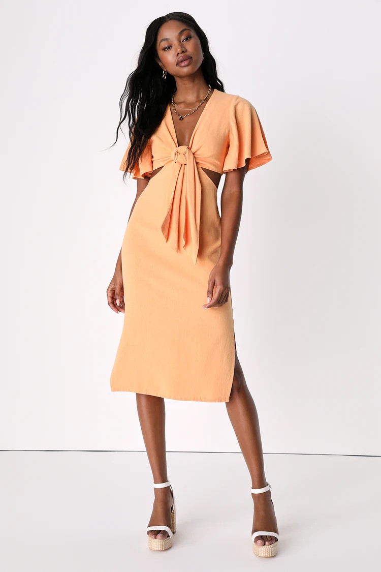 Summer Journey Light Orange Tie-Front Cutout Midi Dress | Lulus