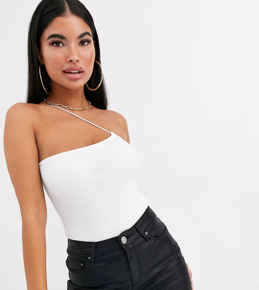 ASOS DESIGN Petite bandeau bodysuit with asymmetric skinny strap in white | ASOS (Global)