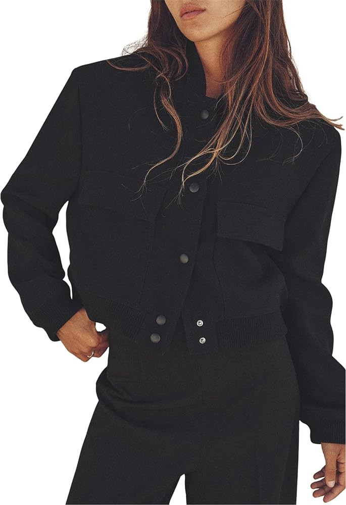 Athlisan Womens Cropped Bomber Jacket Casual Button Down Varsity Baseball Jacket with Pockets | Amazon (US)