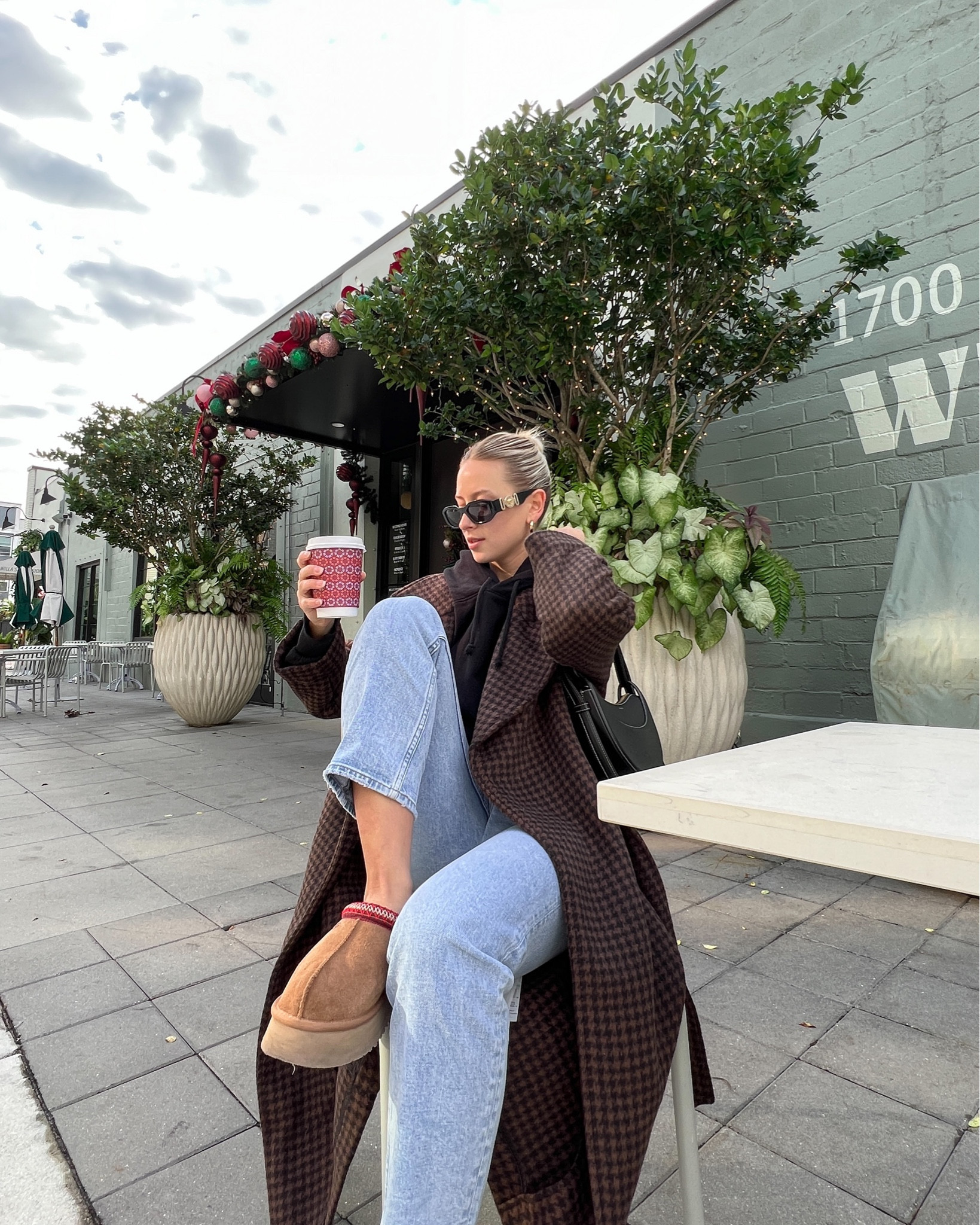 Abercrombie style, Abercrombie jeans, winter coat, plaid coat, wool coat, brown coat, black hoodie, black oversized hoodie, ugg tazz, platform uggs, ugg outfits, winter outfits, winter style, casual winter fashion, casual winter outfits