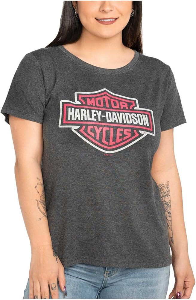 Harley-Davidson Women's Metallic B&S Pink Short Sleeve Scoop Neck Tee - Black | Amazon (US)