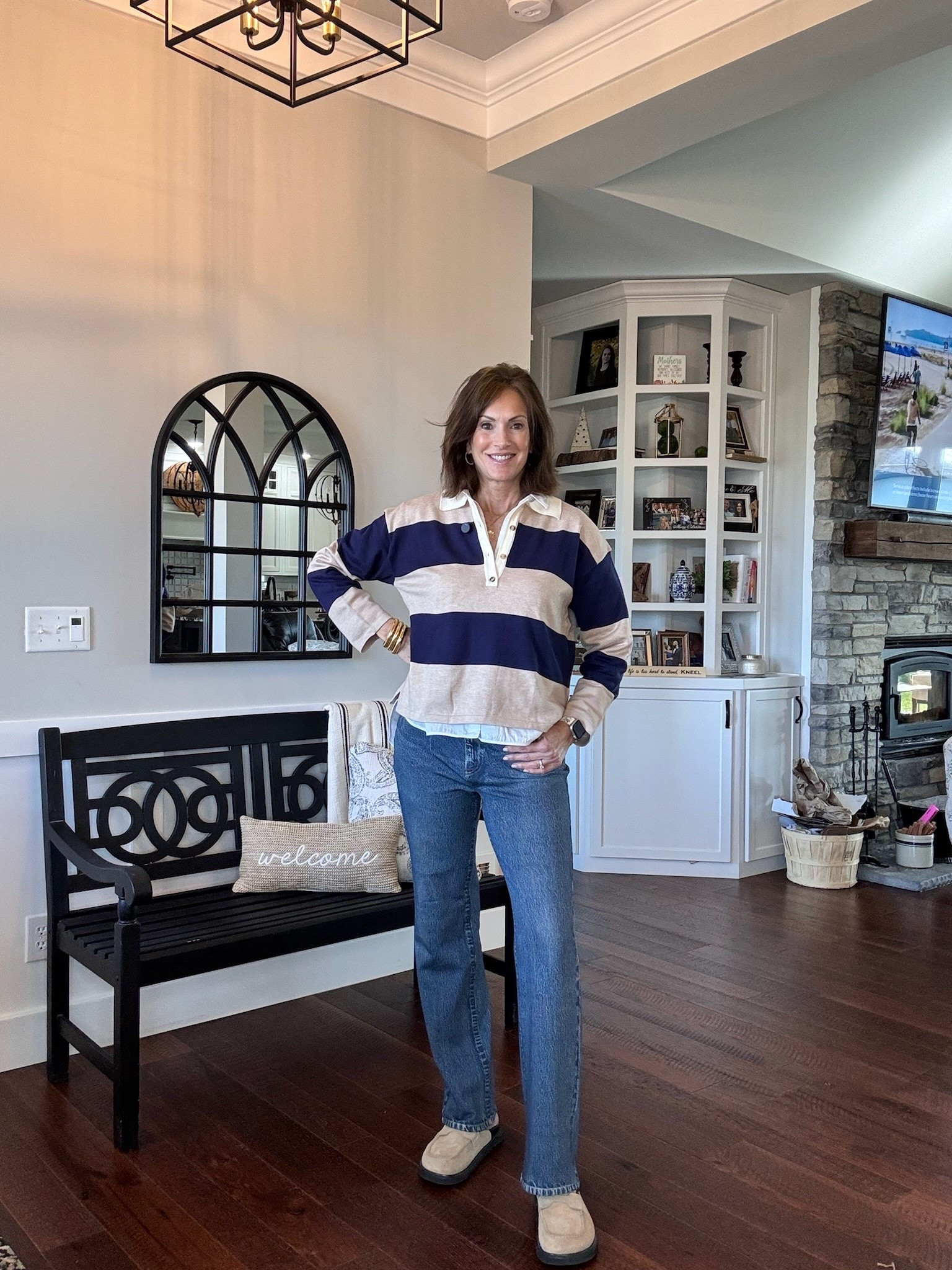 Casual outfit for winter! I’ve been loving the sweatpants jeans trend lately! Pants are a size 28 wearing the 33 inch inseam, polo is a large. 

Women’s fashion, outfit inspo, outfit ideas, what to wear for, fashion over 40, fashion over 50, fall outfit ideas, winter fashion, winter styles, winter outfits, winter outfit inspo, holiday styles, holiday outfits, holiday outfit inspo, holiday fashion, trending fashion, chic style, winter to spring outfits, sweatpant jeans, rugby polo, striped polo 





#LTKOver40 #LTKSeasonal #LTKootd