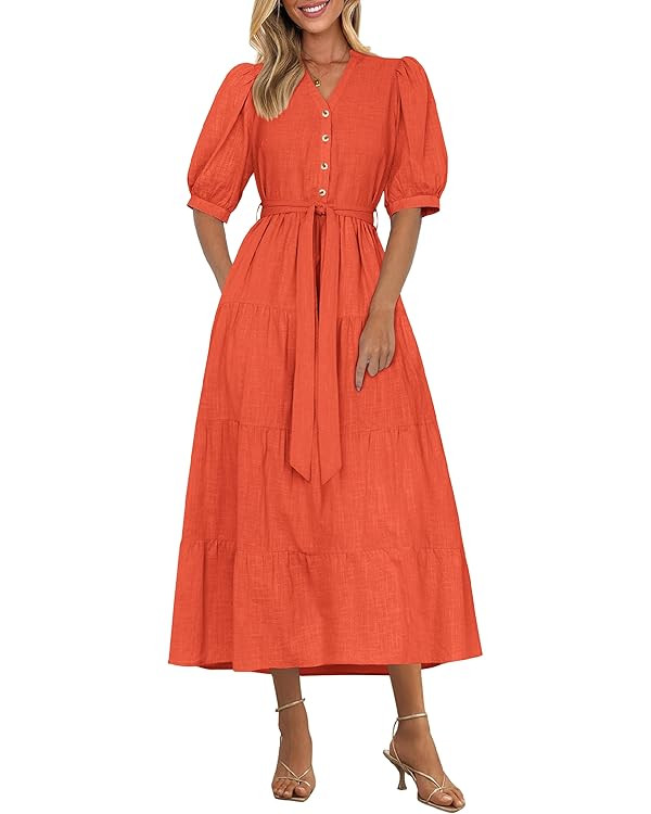 PRETTYGARDEN Women's Summer Midi Dress 2025 Casual Short Sleeve V Neck Buttons Belted Ruffle A Li... | Amazon (US)