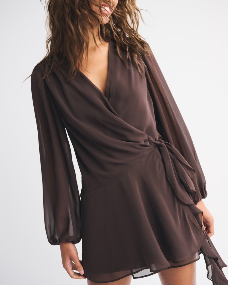 Women's Long-Sleeve Plunge Wrap Mini Dress | Women's New Arrivals | Abercrombie.com | Abercrombie & Fitch (US)