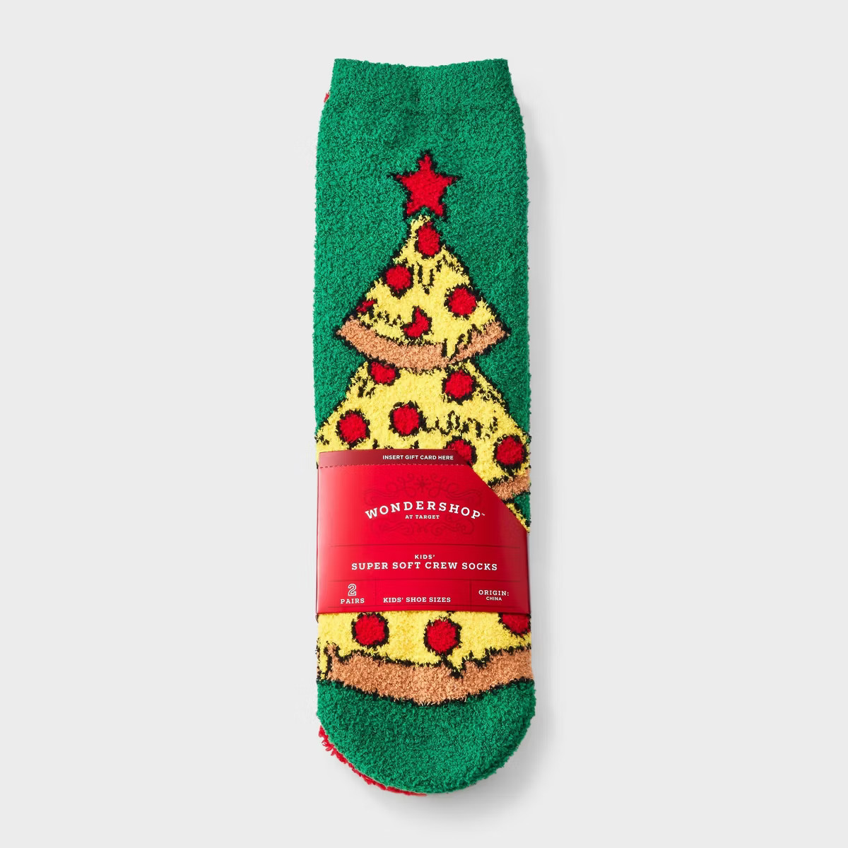 Kids' 2pk Pizza Christmas Tree Cozy Crew Socks with Gift Card Holder - Wondershop™ Green | Target