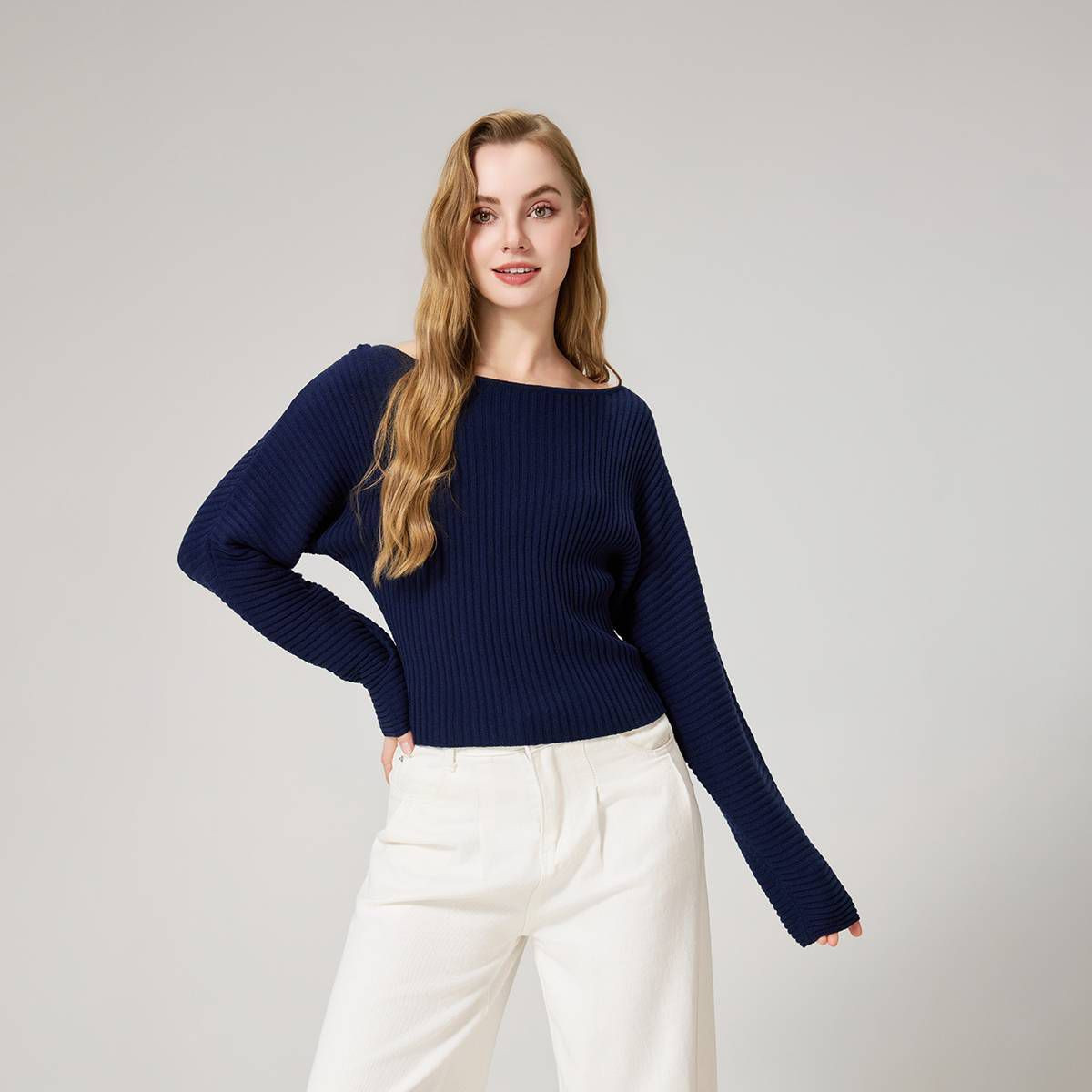 Women's Long Sleeve Ribbed Boat Neck Sweater - A New Day™ Blue M/L | Target