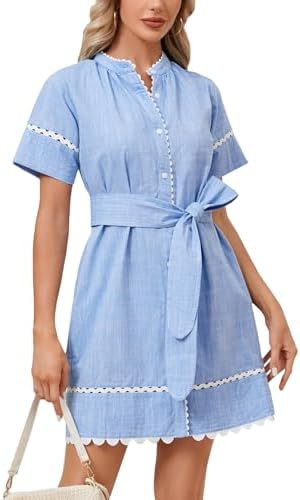 Women's Summer Shirt Dress Short Sleeve Button Down Mini Tie Waist Belted Tunic with Pockets RIC ... | Amazon (US)