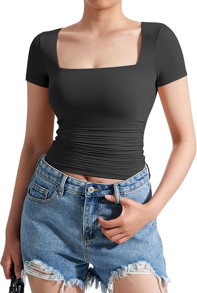 MOOSLOVER Women Square V Neck Basic Tops Short Sleeve Fitted T Shirts Double Lined Going Out Crop... | Amazon (US)