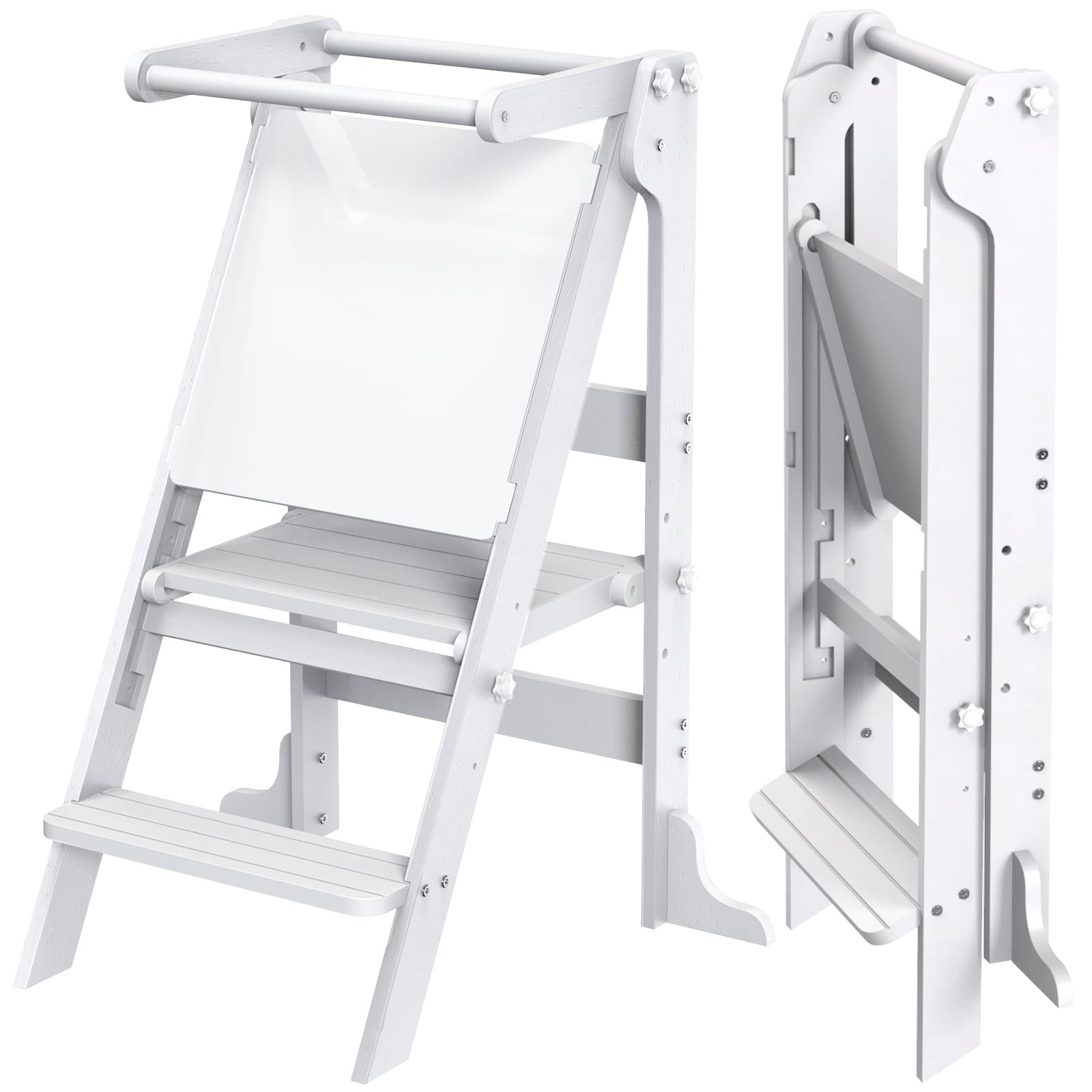 Toddler Tower Foldable with 3 Adjustable Heights & Double-Sided Drawing Board, Montessori Kitchen... | Amazon (US)