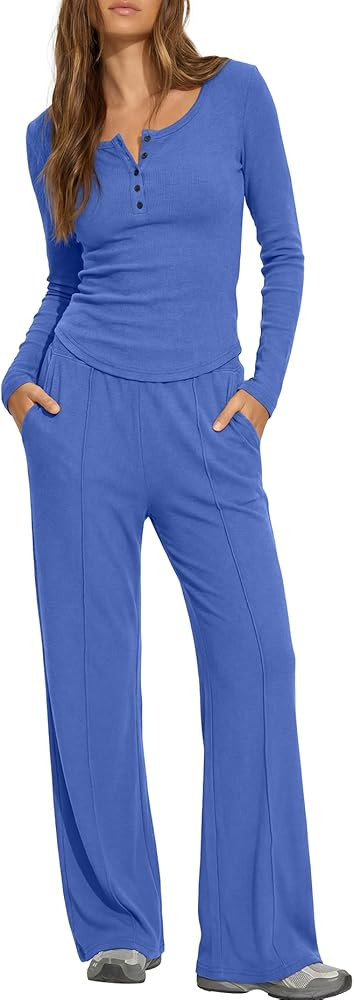 Darong Womens 2 Piece Matching Lounge Sets 2026 Long Sleeve Henley Shirts Wide Leg Pants Airport ... | Amazon (US)