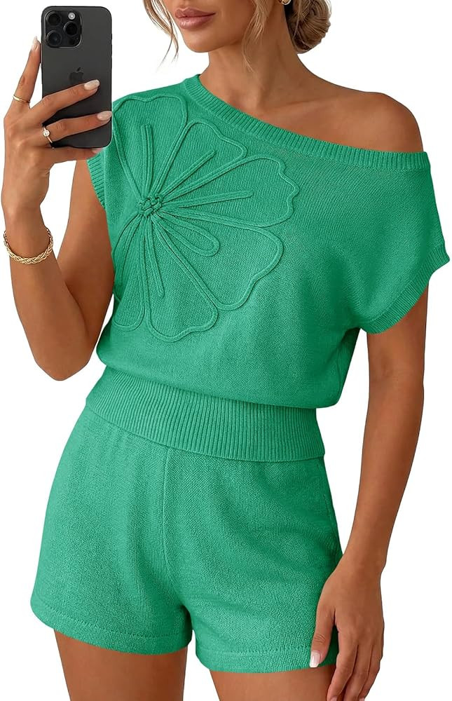 Amazon.com: Saodimallsu Womens Off The Shoulder 2 Piece Sweater Sets Short Sleeve Floral Tops Sum... | Amazon (US)