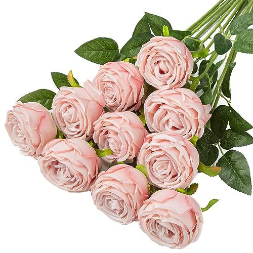 Coferset 10 Pcs Fake Roses,Artificial Silk Rose Flowers with Long Stems,Realistic Faux Roses for Vase Home Wedding Table Centerpieces Baby Shower Decor (Blush) | Amazon (US)