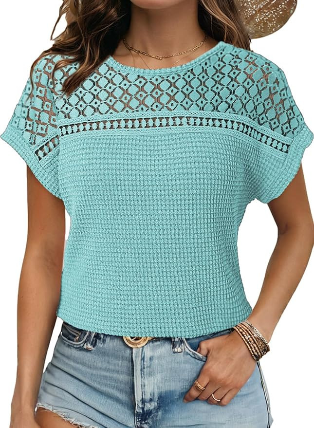 Dokotoo Women's Tops Casual Scoop Neck Short Sleeve Waffle Knit Hollow Out Shirts Loose Tunic Top... | Amazon (US)