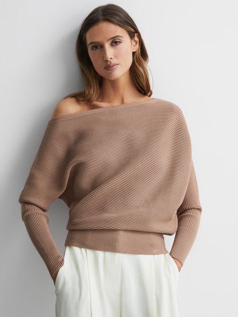 Reiss Camel Lorna Asymmetric Drape Knitted Top | Reiss US