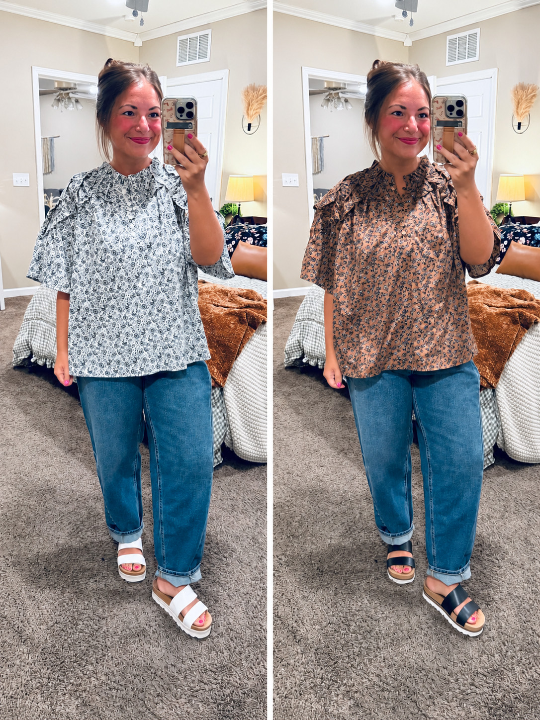 Pretty prints & ruffle details on this Walmart blouse! 🤍 Paired with jeans for a casual classroom outfit. Do you prefer the light or warm-toned option?

#LTKootd #LTKMidsize #LTKWorkwear