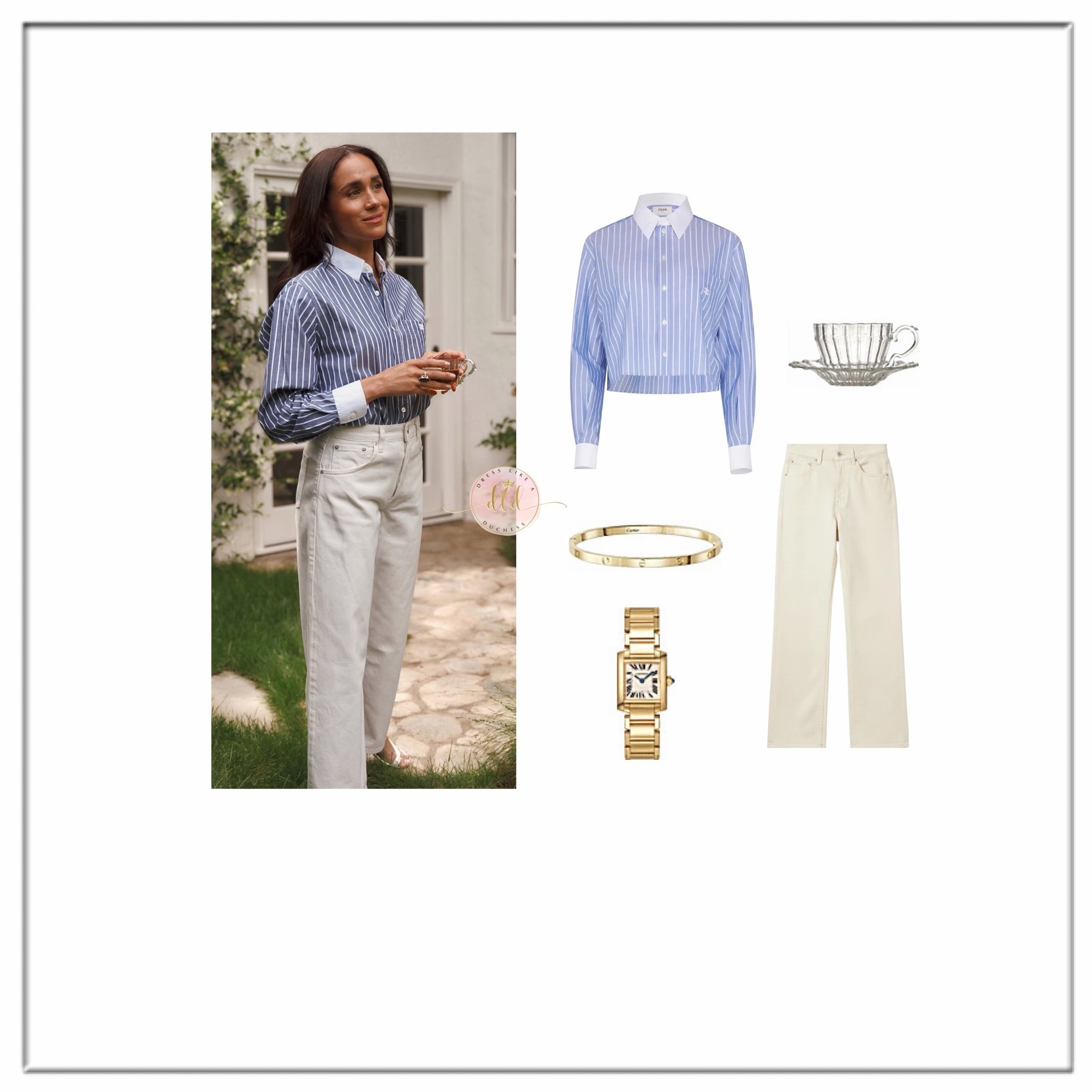 8/4/26 Meghan Markle shares a new birthday post wearing Anine Bing jeans in cream + Celine cropped poplin shirt + Gabriela Serra teacup