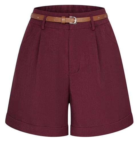Belle Poque Women's Linen Shorts Dark Green High Waist Shorts for Women with Pockets (Wine, XL) | Amazon (US)