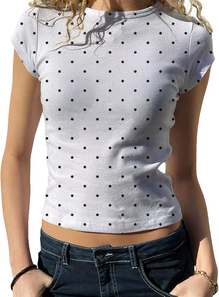 BAIGRAM Women Cute Polka Dot Jersey Short Sleeve Crop Tshirt Y2K Aesthetic Teen Round Neck Slim B... | Amazon (US)